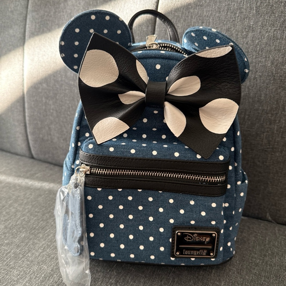 Loungefly Blue Polka Dot Mini Backpack with Black & White Bow